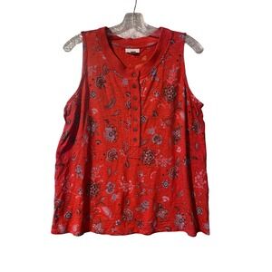 J. Jill Red Floral Paisley Henley Tank Top Cotton Tencel Modal Large Petite L P